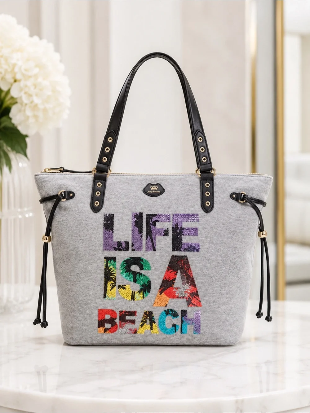 Juicy Couture “Life Is A Beach” Sequin Tote Bag | Large Gray Shoulder Bag NWT